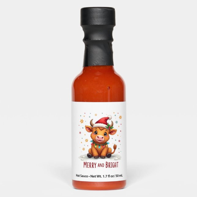 Cute Highland Baby Cow Christmas Lights Merry & Br Hot Sauces (Front)