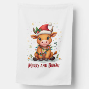 Cute Highland Baby Cow Christmas Lights Merry & Br House Flag