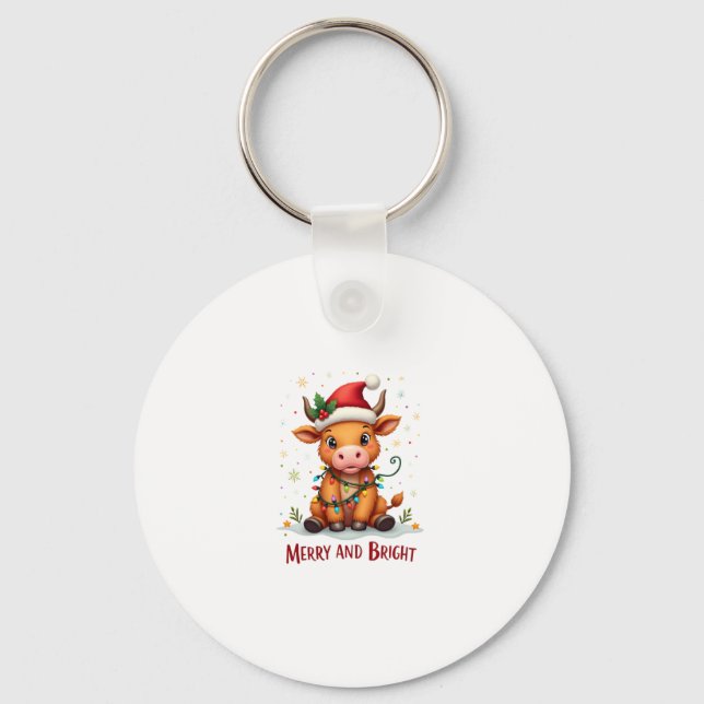 Cute Highland Baby Cow Christmas Lights Merry & Br Keychain (Front)