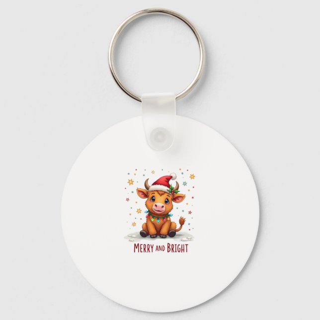 Cute Highland Baby Cow Christmas Lights Merry & Br Keychain (Front)