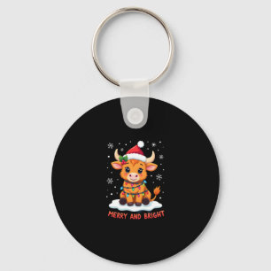 Cute Highland Baby Cow Christmas Lights Merry & Br Keychain