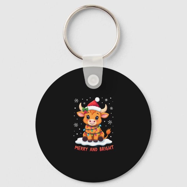 Cute Highland Baby Cow Christmas Lights Merry & Br Keychain (Front)