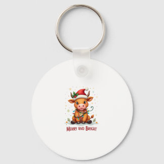 Cute Highland Baby Cow Christmas Lights Merry & Br Keychain