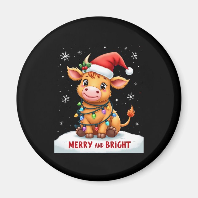 Cute Highland Baby Cow Christmas Lights Merry & Br Magnet (Front)