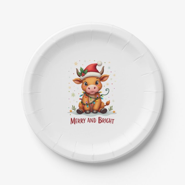 Cute Highland Baby Cow Christmas Lights Merry & Br Paper Plates (Front)