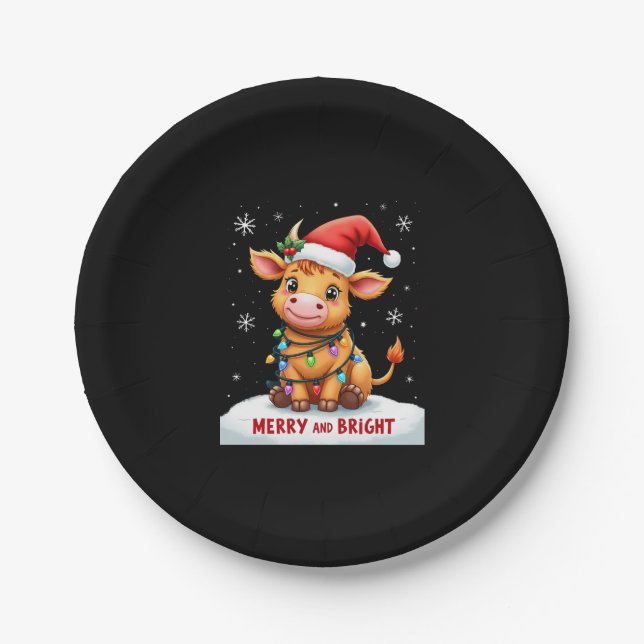 Cute Highland Baby Cow Christmas Lights Merry & Br Paper Plates (Front)