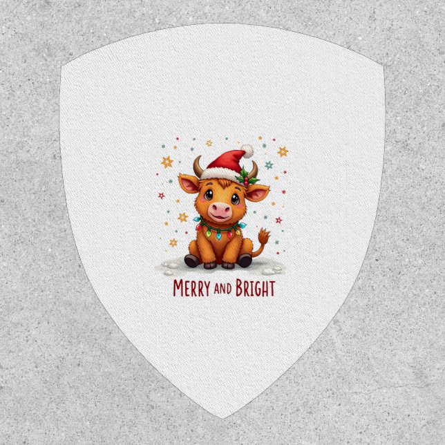 Cute Highland Baby Cow Christmas Lights Merry & Br Patch (Front)