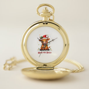 Cute Highland Baby Cow Christmas Lights Merry & Br Pocket Watch