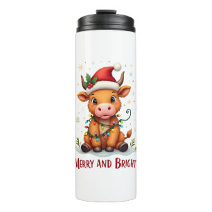 Cute Highland Baby Cow Christmas Lights Merry & Br Thermal Tumbler