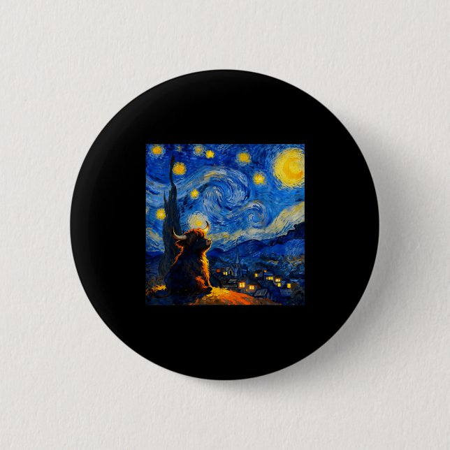 Cute Highland Baby Cow Graphic Van Gogh Style Star Button (Front)