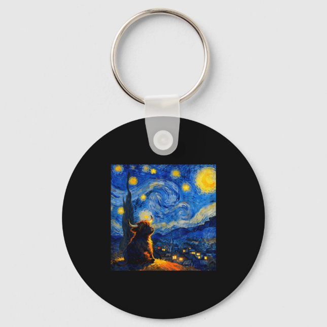 Cute Highland Baby Cow Graphic Van Gogh Style Star Keychain (Front)