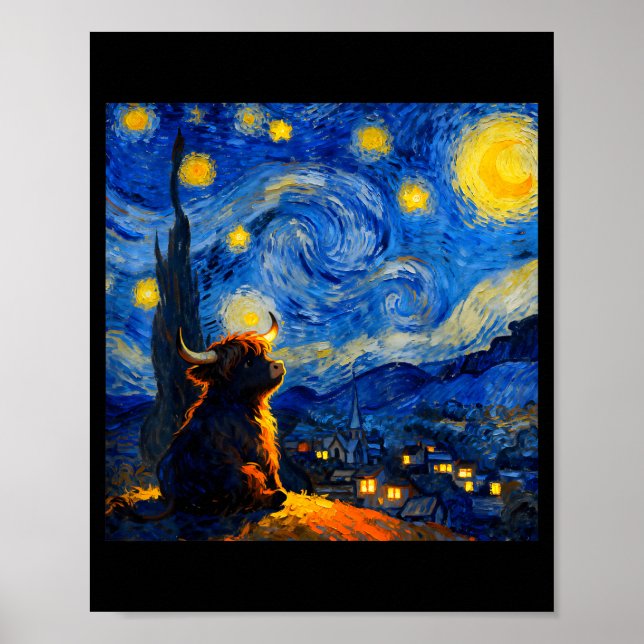 Cute Highland Baby Cow Graphic Van Gogh Style Star Poster (Front)