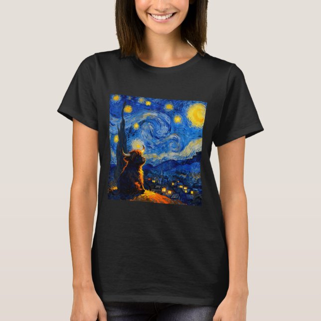 Cute Highland Baby Cow Graphic Van Gogh Style Star T-Shirt (Front)