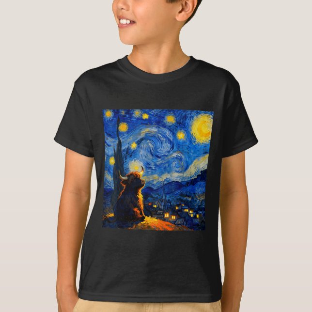Cute Highland Baby Cow Graphic Van Gogh Style Star T-Shirt (Front)