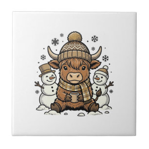 Cute Highland Calf Snowman Winter Shirt Design_1 Ceramic Tile