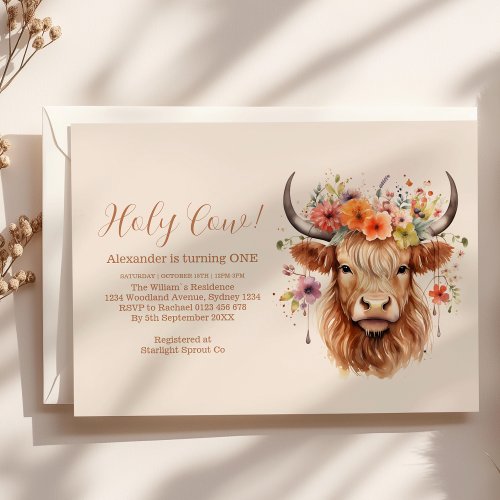 Cute Highland Cow 1st Birthday Invitation