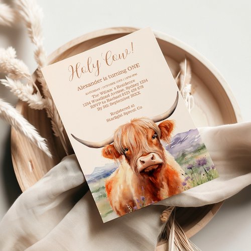 Cute Highland Cow 1st Birthday Invitation