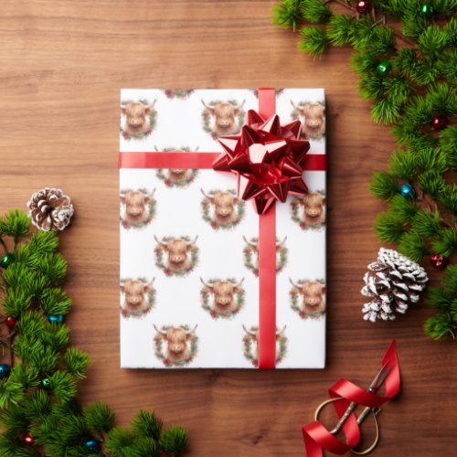 Cute highland cow and Christmas Wreath pattern Wrapping Paper
