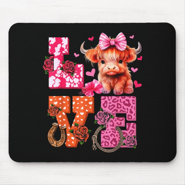 Cute Highland Cow And Nk Heart Valentines Day Love Mouse Pad (Front)