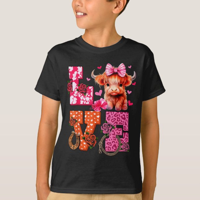 Cute Highland Cow And Nk Heart Valentines Day Love T-Shirt (Front)