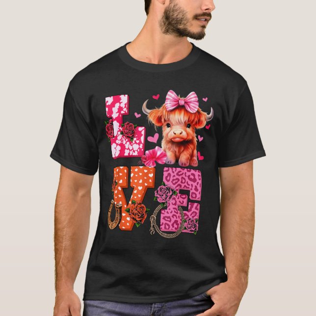 Cute Highland Cow And Nk Heart Valentines Day Love T-Shirt (Front)