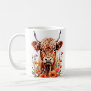 Cute Highland Cow And Poppy Flowers Watercolor Coffee Mug