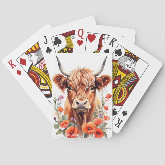 Cute Highland Cow And Poppy Flowers Watercolor Poker Cards (Back)