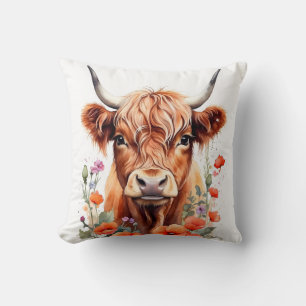 Cute Highland Cow And Poppy Flowers Watercolor Throw Pillow