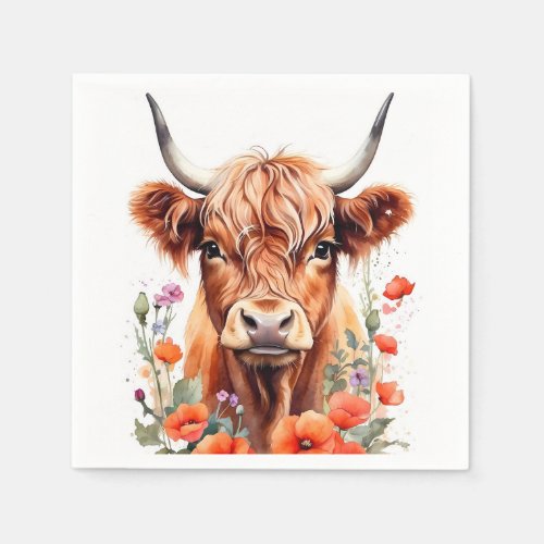 Cute Highland Cow And Red Poppies Watercolor Napkins