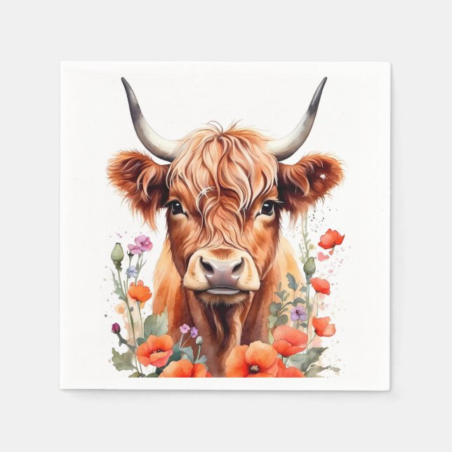 Cute Highland Cow And Red Poppies Watercolor Napkins (Front)