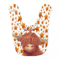 Cute Highland Cow and Stars Illustration Name   Baby Bib
