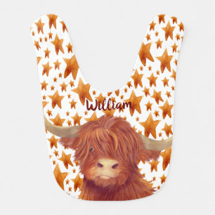 Cute Highland Cow and Stars Illustration Name Baby Bib