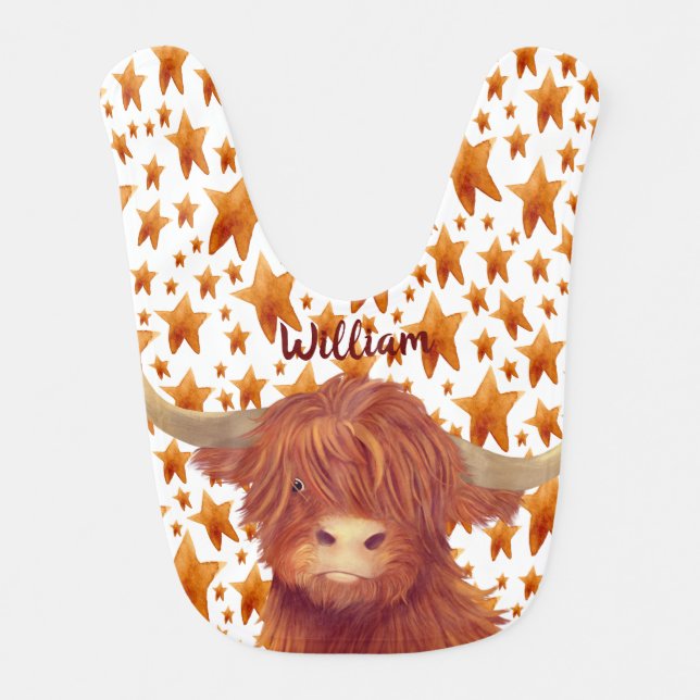 Cute Highland Cow and Stars Illustration Name   Baby Bib (Front)