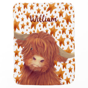 Cute Highland Cow and Stars Illustration Name  Baby Blanket