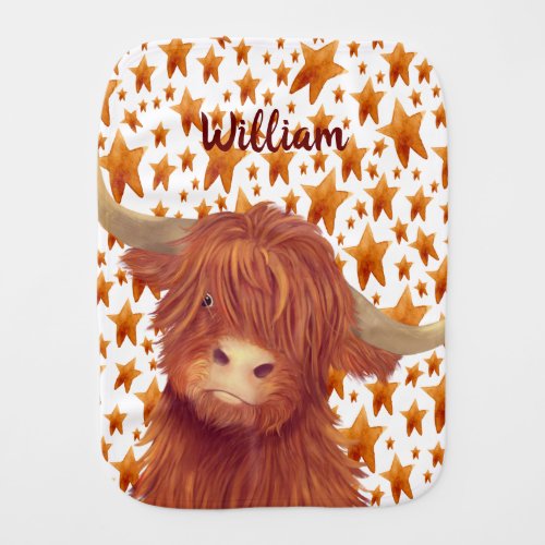 Cute Highland Cow and Stars Illustration Name   Baby Burp Cloth