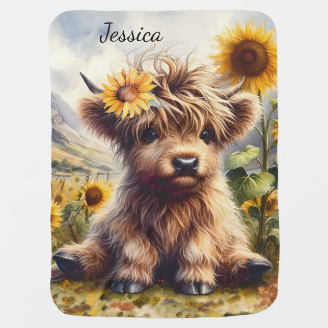 Cute Highland Cow And Sunflowers With Name Baby Blanket (Front)