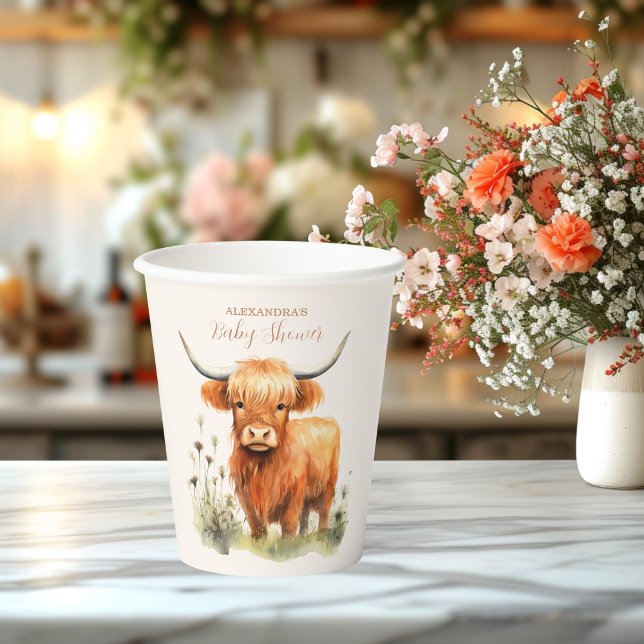 Cute Highland Cow Baby Shower Paper Cups (Creator Uploaded)