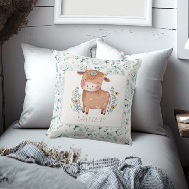 Cute Highland Cow Boho Floral Custom Throw Pillow (Creator Uploaded)