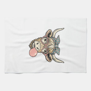 Cute Highland Cow Bubble Gum Vintage Vector Design Kitchen Towel