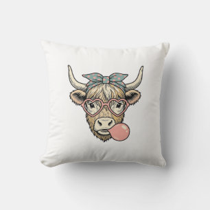 Cute Highland Cow Bubble Gum Vintage Vector Design Throw Pillow