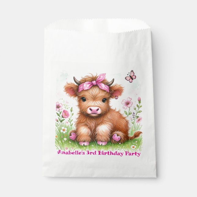 Cute Highland Cow Butterfly Girl Birthday Party Favor Bag (Front)