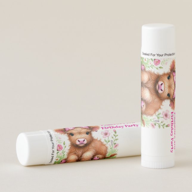 Cute Highland Cow Butterfly Girl Birthday Party Lip Balm (Front)