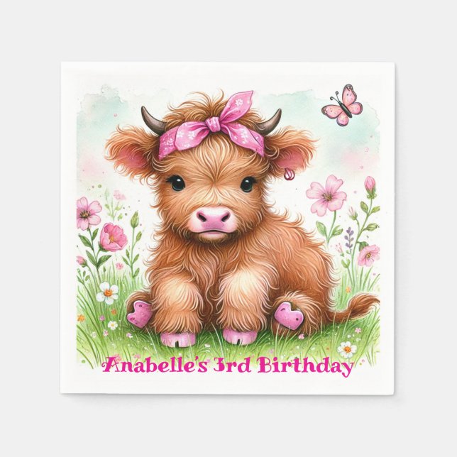 Cute Highland Cow Butterfly Girl Birthday Party Napkins (Front)