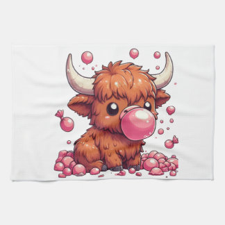 Cute Highland Cow calf blowing bubbles Kitchen Towel