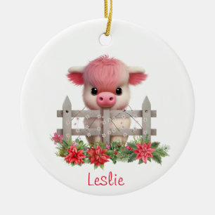 Cute Highland Cow Calf Christmas Personalized Name Ceramic Ornament
