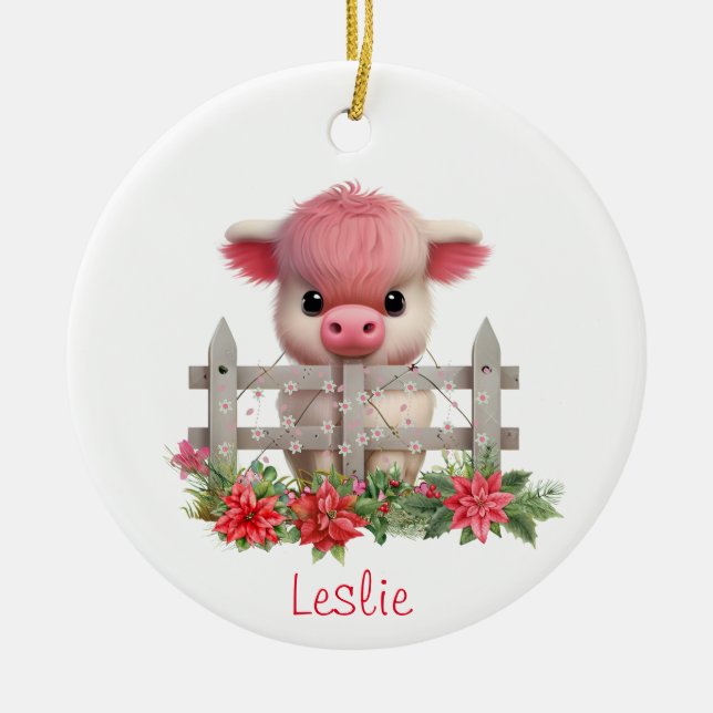 Cute Highland Cow Calf Christmas Personalized Name Ceramic Ornament (Front)