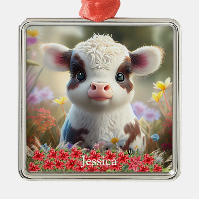 Cute Highland Cow Calf Christmas Personalized Name Metal Ornament (Front)