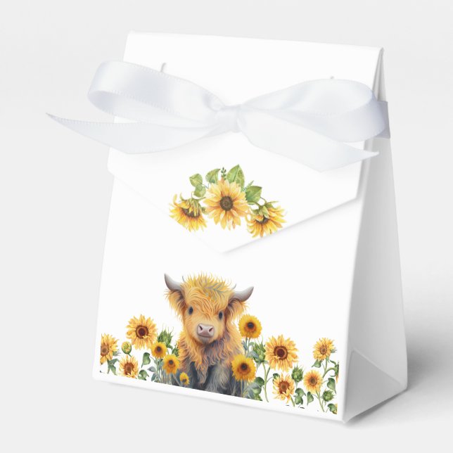 Cute Highland Cow Calf Sunflowers Baby Shower Favor Boxes (Front Side)