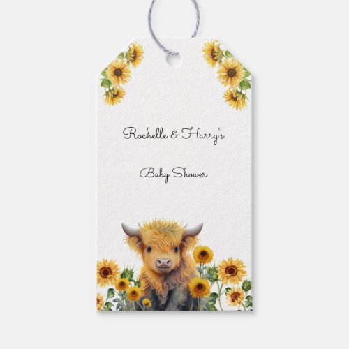 Cute Highland Cow Calf Sunflowers Baby Shower Gift Tags