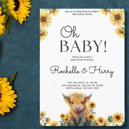 Cute Highland Cow Calf Sunflowers Baby Shower Invitation
